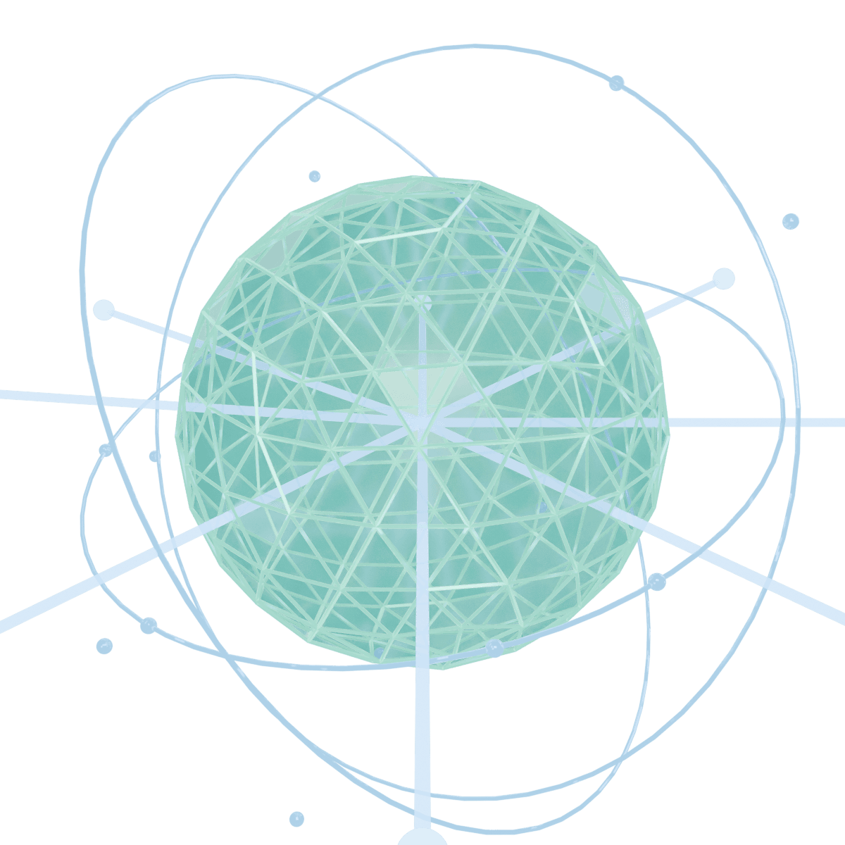 Mesh sphere with orbital rings representing deployed intelligence
