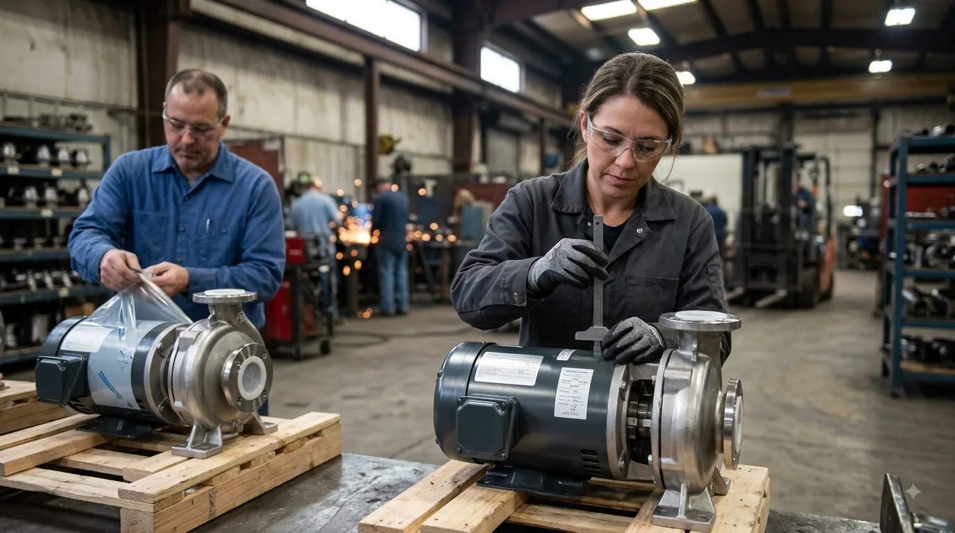 Two workers in a fabrication shop preparing pump assemblies on pallets. One measures a component with a caliper while the other wraps a finished unit, with a forklift and welding sparks in the background.
