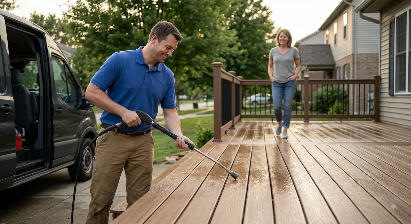 A service technician power-washing a homeowner's deck at dusk, van doors open behind him, while the customer walks out smiling to see the finished work.