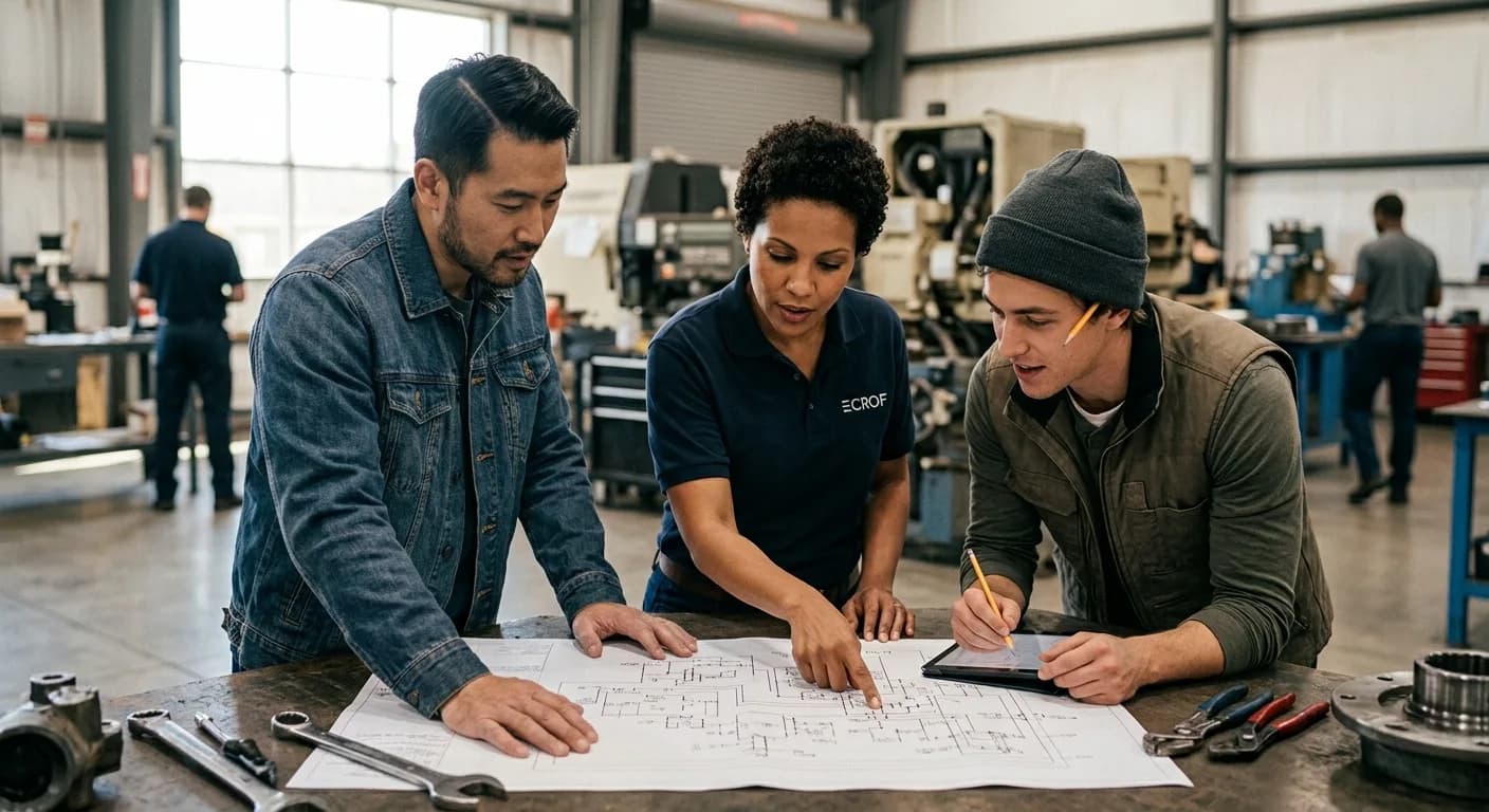 Three people at a shop workbench mapping a process together on a printed plan.