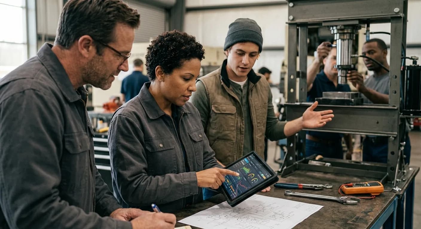 A shop team checking a live equipment dashboard on a tablet at a workbench. One team member reads the readouts, another takes notes on a printed schematic, and a third gestures toward the machine still running behind them.