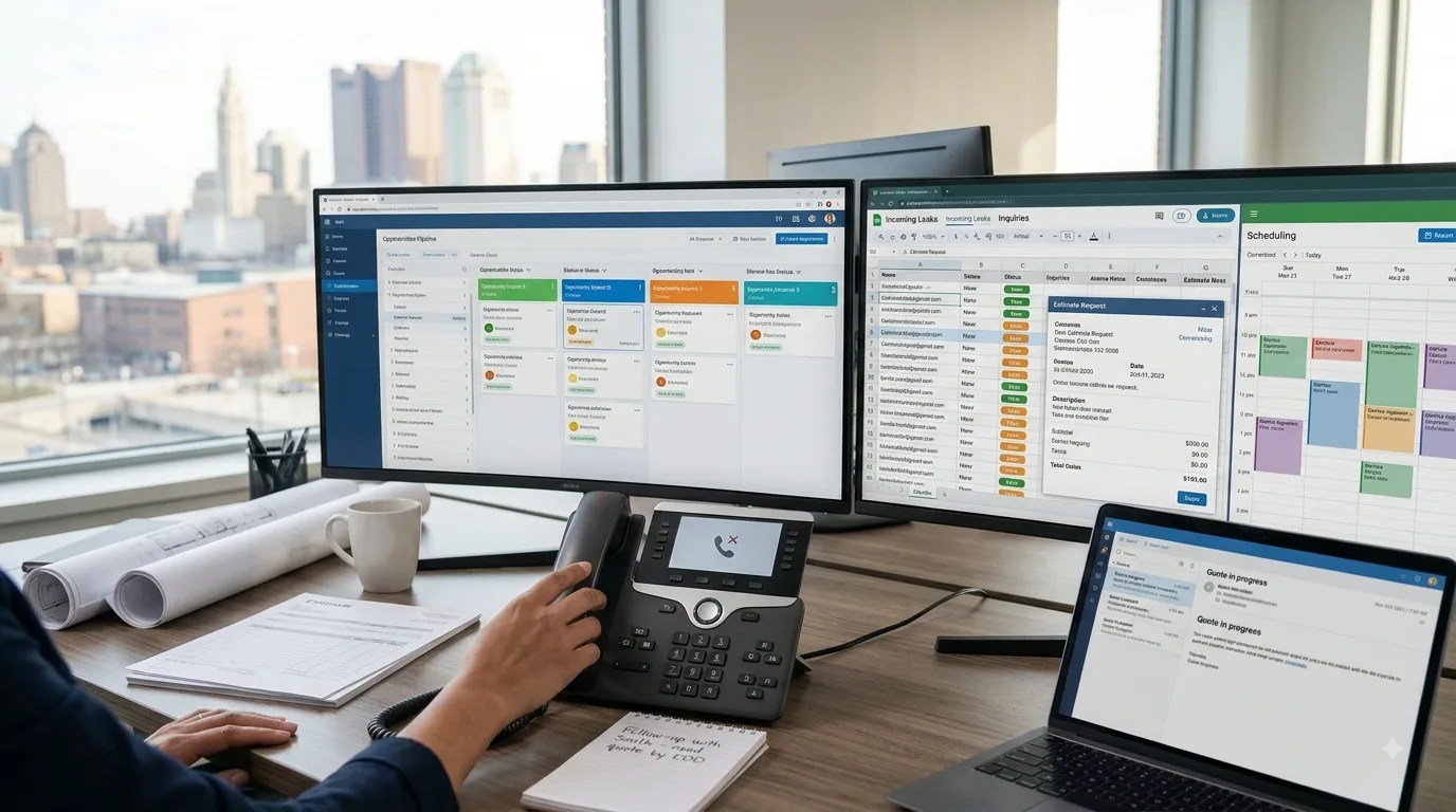 An operations desk running three screens: an opportunity pipeline, a list of incoming leads with status, and a scheduling calendar, with a quote in progress on a laptop alongside.