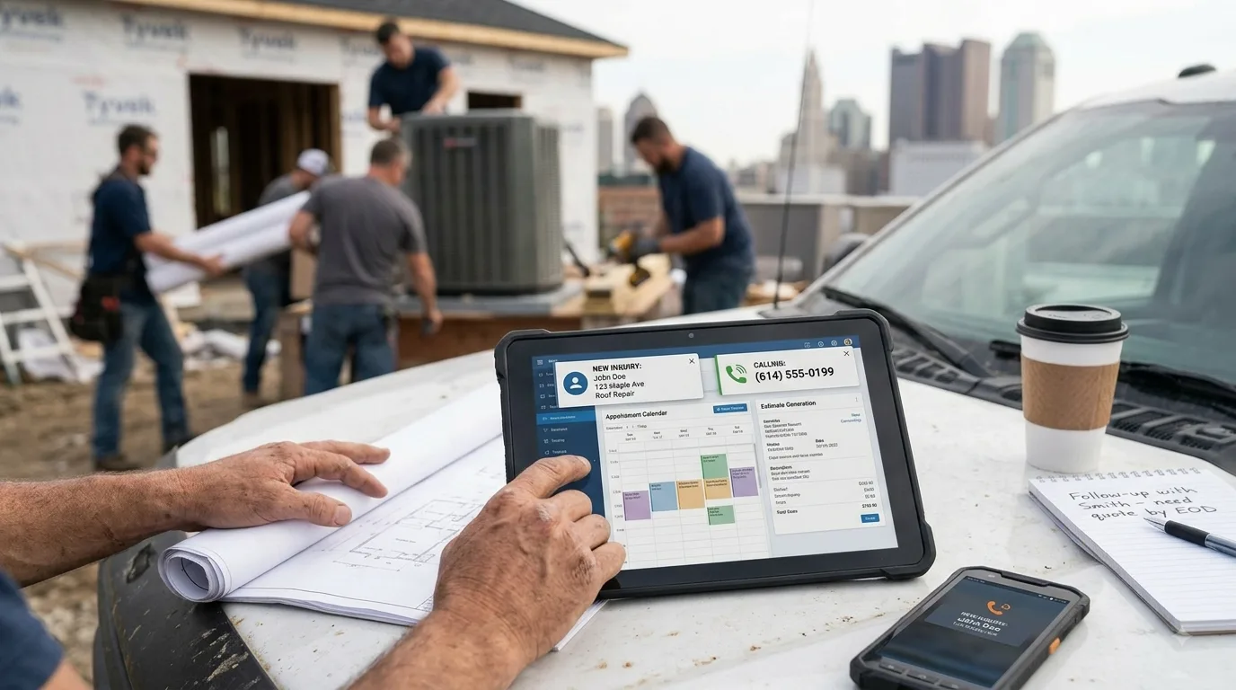 A contractor at a jobsite resting a tablet on the hood of a truck, reading a new roof-repair inquiry beside an estimate being generated, with a rolled blueprint under one hand and his crew installing equipment behind him.