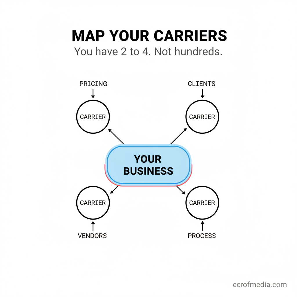A business as a central hub with four carrier nodes around it, each labeled with one short term they hold: pricing, clients, vendors, process